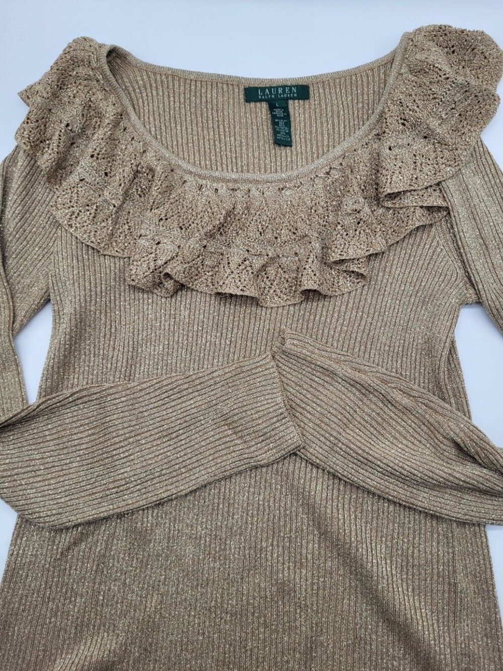 LAUREN RALPH LAUREN Womens L Gold Metallic Silk Polyester Ribbed Sweater Ruffle - Picture 1 of 7